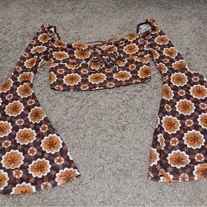 SHEIN Orange and Brown Floral Bell Sleeve Crop Top
